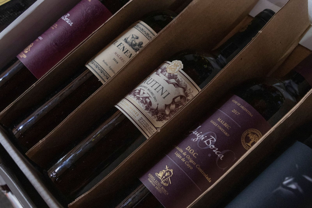 Wine bottles packed in a cardboard shipping box