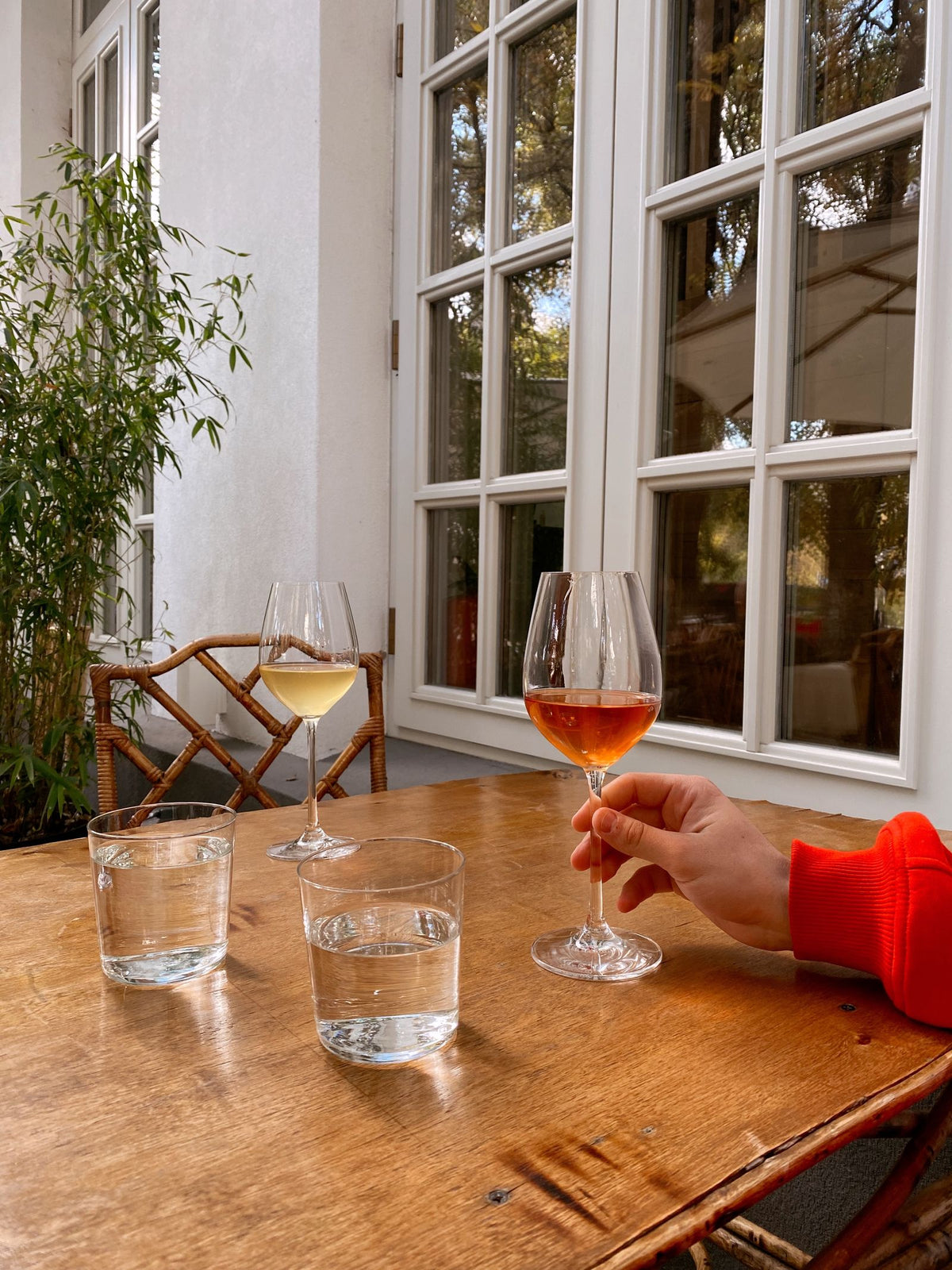 Glasses of red and white wine on a wooden table in an outdoor setting