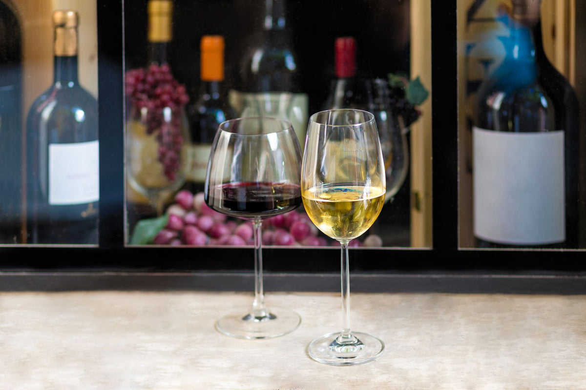 Glasses of red and white wine side by side with grapes and bottles