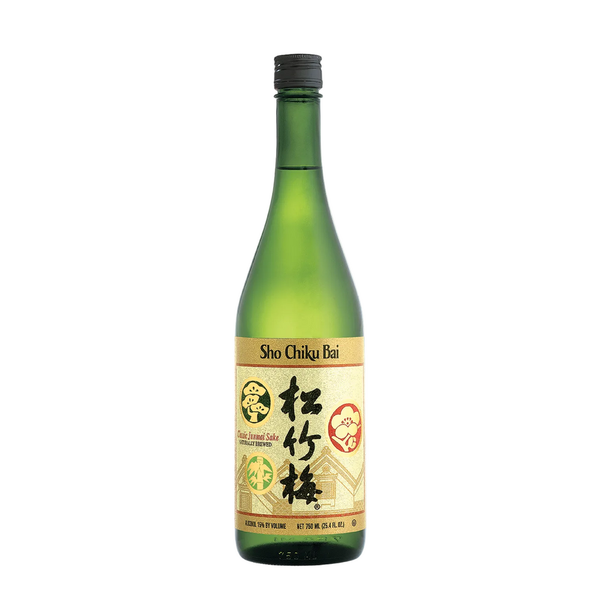 Sho Chiku Bai Classic Junmai Sake 750ml green bottle with gold and cream label, OU kosher certified