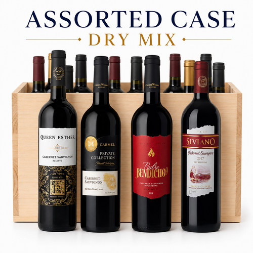Dry Wine Mixed Case - twelve dry kosher red wines in a wooden crate with Queen Esther, Carmel Private Collection, Padre Bendicho and Siviano Cabernet Sauvignon in front