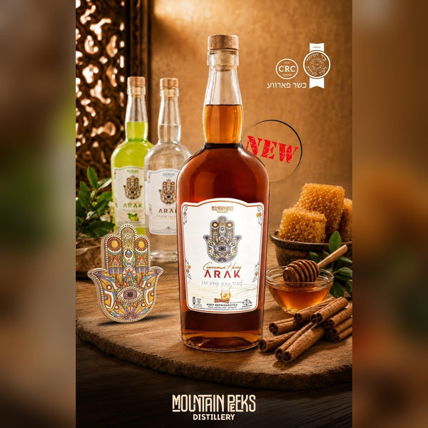 Mountain Peeks Cinnamon Honey Arak 750ml bottle, cRc certified parve anise spirit distilled in Mountaindale New York