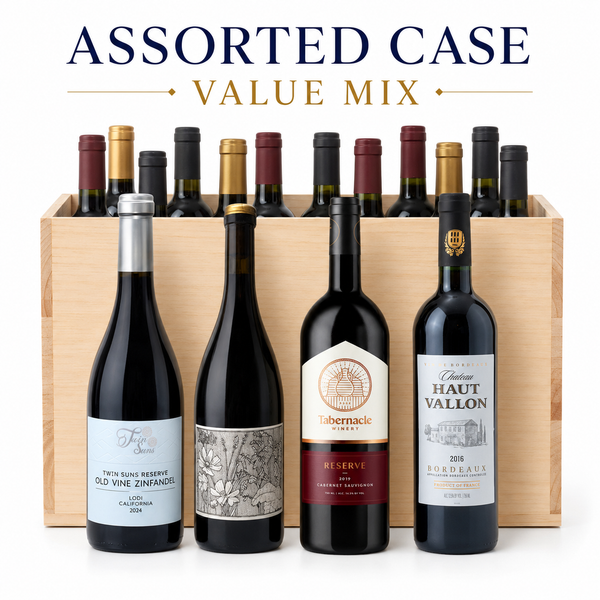 Value Mixed Case - twelve kosher wines in a wooden crate with Twin Suns Old Vine Zinfandel, Hajdu Heirloom Red, Tabernacle Reserve Cabernet Sauvignon and Chateau Haut Vallon Bordeaux in front